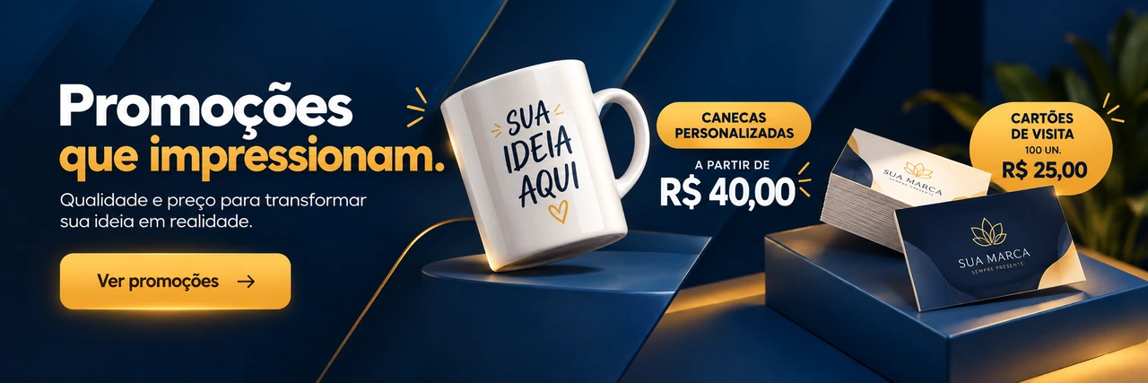 Promoções que impressionam. Qualidade e preço para transformar sua ideia em realidade. Canecas personalizadas a partir de R$ 40,00. Cartões de visita, 100 unidades, R$ 25,00. Ver promoções.